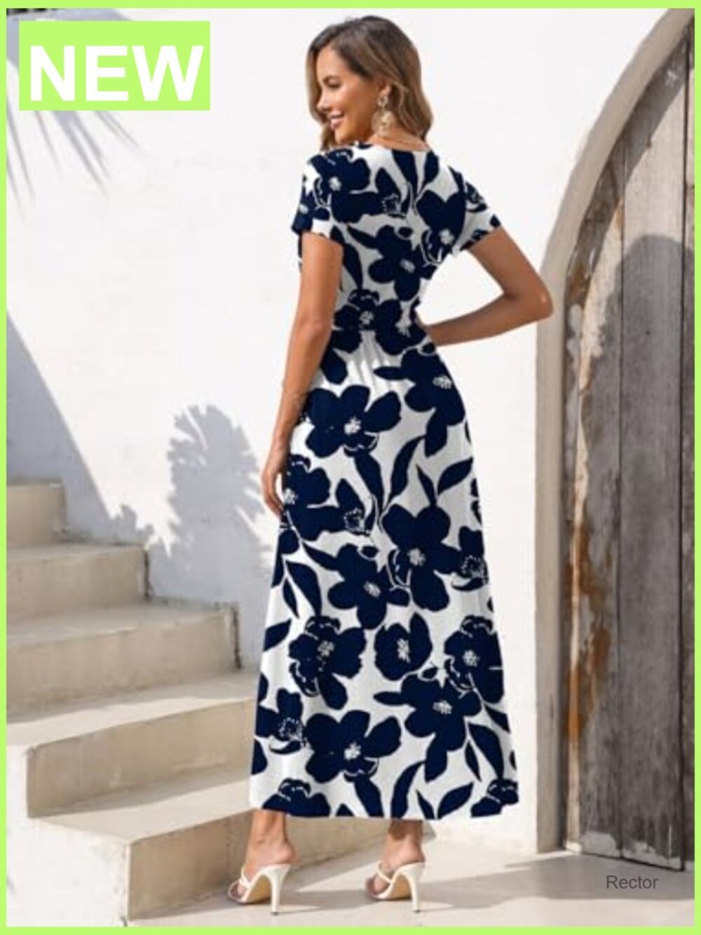 Women's Summer Short Sleeve Maxi Dress V Neck Flowy Sundress with Pockets - Picture 6 of 7